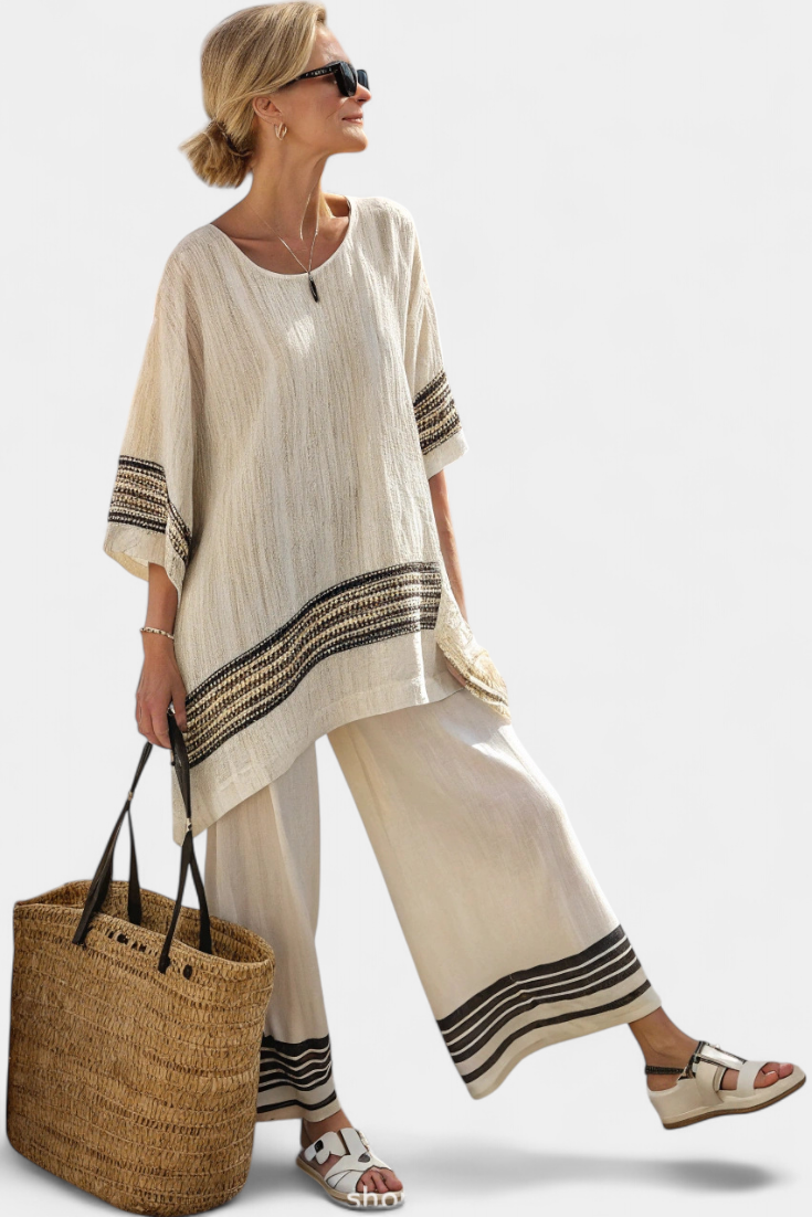 Anila – Elegant Tweedelig Linnen Setje met Strepen